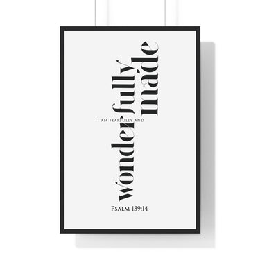 Fearfully and Wonderfully Made framed Christian wall art inspired by Psalm 139:14, black frame with black and white scripture typography