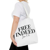 Faith Culture β Free Indeed Christian Tote Bag | John 8:36 Bible Verse Tote 16" Γ 16'' White