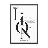 Like a Lion Proverbs 30:30 Minimalist Scripture Framed Wall Art 28" x 40" (Vertical) Black Frame