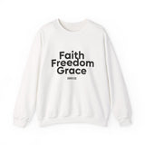 Faith Freedom Grace Christian Sweatshirt | John 8:36 Bible Verse Apparel White
