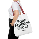 Faith Freedom Grace Christian Tote Bag | John 8:36 Bible Verse Gift