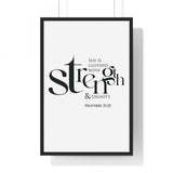Strength and Dignity framed Christian wall art inspired by Proverbs 31:25, black frame with black and white scripture typography