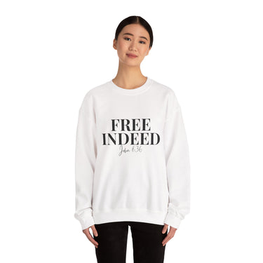Faith Culture β Free Indeed John 8:36 Unisex Crewneck Sweatshirt β White | Elegant Christian Sweatshirt on Spiritual Freedom