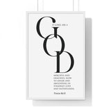 Merciful and Gracious framed Christian wall art inspired by Psalm 86:15, white frame with black and white scripture typography
