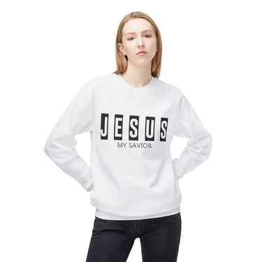 Faith Culture - Jesus My Savior Christian Crewneck Sweatshirt β White | Bold Faith Statement Pullover