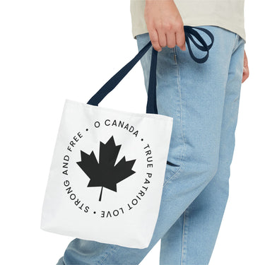 Faith Culture – O Canada Anthem Circle Tote Bag | Black Maple Leaf Minimalist Canadian Carryall 13" × 13'' Navy