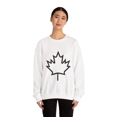 Faith Culture – Black Outline Maple Leaf Crewneck Sweatshirt – White | Bold & Minimal Canadian Pride