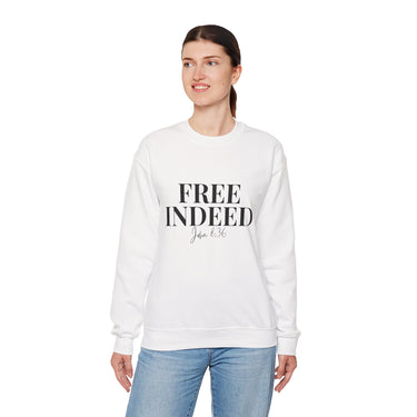 Faith Culture β Free Indeed John 8:36 Unisex Crewneck Sweatshirt β White | Elegant Christian Sweatshirt on Spiritual Freedom