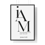 The Resurrection and the Life framed Christian wall art inspired by John 11:25, black frame with black and white scripture typography