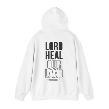 Lord Heal Our Land Back Print Christian Hoodie | 2 Chronicles 7:14 Scripture Apparel White