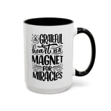 Faith Culture - A Grateful Heart Is a Magnet for Miracles Christian Thanksgiving Accent Coffee Mug, 11oz and 15oz 15oz Black