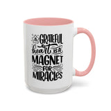 Faith Culture - A Grateful Heart Is a Magnet for Miracles Christian Thanksgiving Accent Coffee Mug, 11oz and 15oz 15oz Pink
