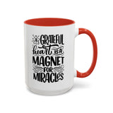 Faith Culture - A Grateful Heart Is a Magnet for Miracles Christian Thanksgiving Accent Coffee Mug, 11oz and 15oz 15oz Red