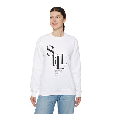 Faith Culture - Be Still and Know Psalm 46:10 - Christian Unisex Heavy Blendâ„¢ Crewneck Sweatshirt White