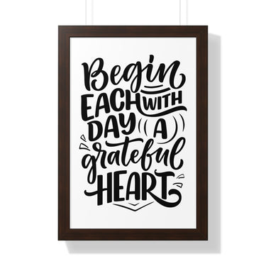 Faith Culture - Begin Each Day with a Grateful Heart - Christian Thanksgiving Wall Art 16″ x 24″ Walnut