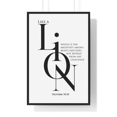 Faith Culture - Christian Home Décor - A Lion, Mighty Among Beasts - Proverbs 30:30 Wall Art 24″ x 36″ Black