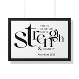 Faith Culture - Christian Home Décor - Clothed with Strength and Dignity - Proverbs 31:25 Wall Art 30" x 20" Black