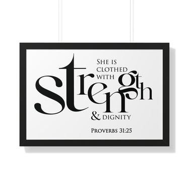 Faith Culture - Christian Home Décor - Clothed with Strength and Dignity - Proverbs 31:25 Wall Art 30" x 20" Black