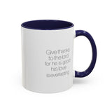Faith Culture - Give Thanks to the Lord - Psalm 136:1 Christian Accent Coffee Mug, 11oz and 15oz 11oz Navy