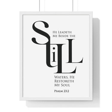 Faith Culture - "He Leads Me Beside Quiet Waters" - Psalm 23:2 Christian Vertical Framed Wall Art 16" x 20" White