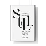 Faith Culture - "He Leads Me Beside Quiet Waters" - Psalm 23:2 Christian Vertical Framed Wall Art 24″ x 36″ Black