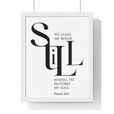 Faith Culture - "He Leads Me Beside Quiet Waters" - Psalm 23:2 Christian Vertical Framed Wall Art 11″ x 14″ White