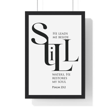 Faith Culture - "He Leads Me Beside Quiet Waters" - Psalm 23:2 Christian Vertical Framed Wall Art 12″ x 18″ Black