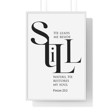 Faith Culture - "He Leads Me Beside Quiet Waters" - Psalm 23:2 Christian Vertical Framed Wall Art 24″ x 36″ White