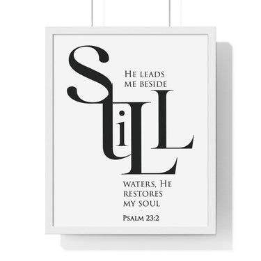 Faith Culture - "He Leads Me Beside Quiet Waters" - Psalm 23:2 Christian Vertical Framed Wall Art 16" x 20" White