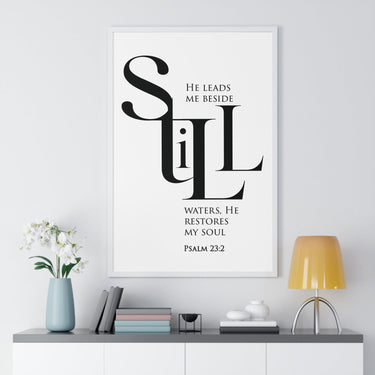 Faith Culture - "He Leads Me Beside Quiet Waters" - Psalm 23:2 Christian Vertical Framed Wall Art
