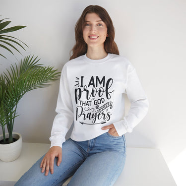 Faith Culture - I am Proof That God Works - Christian Unisex Heavy Blendâ„¢ Crewneck Sweatshirt White