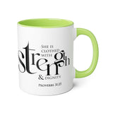Faith Culture - Proverbs 31:25 - Christian Accent Coffee Mug (11oz) Light Green 11oz