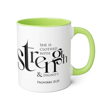 Faith Culture - Proverbs 31:25 - Christian Accent Coffee Mug (11oz) Light Green 11oz