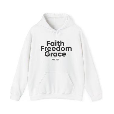 Faith Freedom Grace Christian Hoodie – John 8:36 in white | Faith Culture