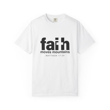 Faith Moves Mountains Christian T-Shirt — Matthew 17:20 in white