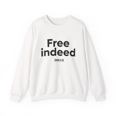 Free Indeed Christian Sweatshirt – John 8:36 in white | Faith Culture