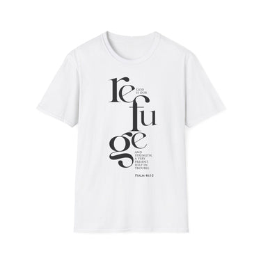 God Is Our Refuge Christian T-Shirt — Psalm 46:1–2 in white