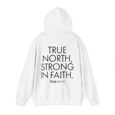True North Strong in Faith Christian Hoodie – Psalm 121:1–2 in white | Faith Culture