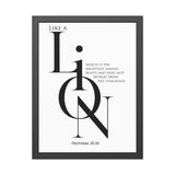Like a Lion Proverbs 30:30 Minimalist Scripture Framed Wall Art 18″ x 24″ (Vertical) Black Frame