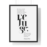 Under His Wings framed Bible verse wall art inspired by Psalm 91:4, black frame with black and white scripture typography
