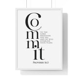 Commit Your Plans framed Christian wall art inspired by Proverbs 16:3, white frame with black and white scripture typography