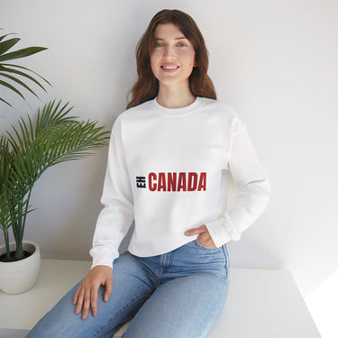 Faith Culture – Eh Canada Crewneck Sweatshirt – White | Playful Canadian Pride Pullover