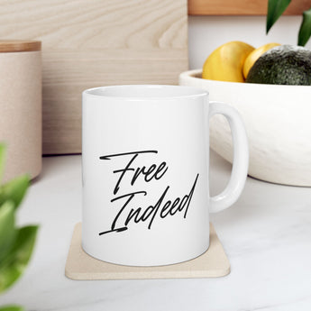 Faith Culture – Free Indeed Christian Mug – John 8:36 Bible Verse Coffee Cup, 11oz & 15oz 11oz