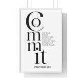 Commit Your Plans framed Christian wall art inspired by Proverbs 16:3, white frame with black and white scripture typography