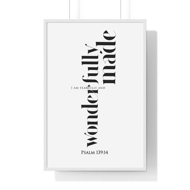 Fearfully and Wonderfully Made framed Christian wall art inspired by Psalm 139:14, white frame with black and white scripture typography