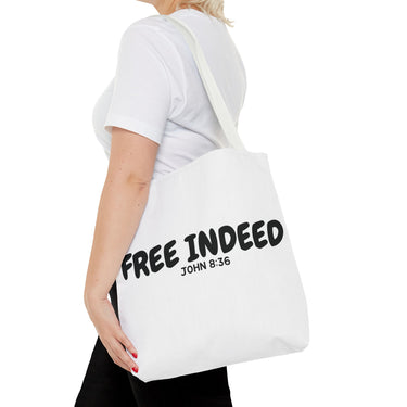 Faith Culture – Free Indeed Christian Tote Bag | John 8:36 Scripture Tote 16" × 16'' White