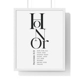 Honor Her framed Bible verse wall art inspired by Proverbs 31:31, white frame with black and white scripture typography