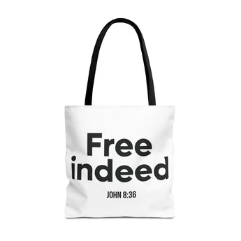 Free Indeed Christian Tote Bag | John 8:36 Bible Verse Gift 18" × 18'' Black