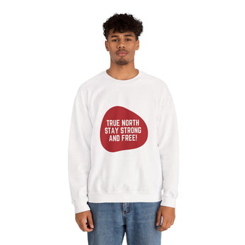 Faith Culture – True North Stay Strong and Free Crewneck Sweatshirt – White with Red Graphic | Bold Canadian Motto Pullover White