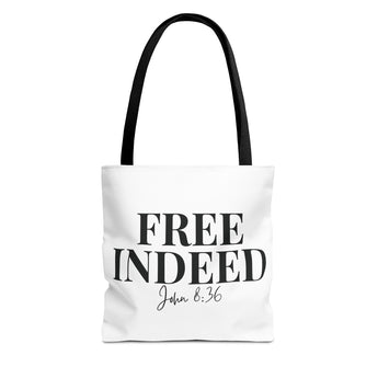 Faith Culture – Free Indeed Christian Tote Bag | John 8:36 Bible Verse Tote 13" × 13'' Black